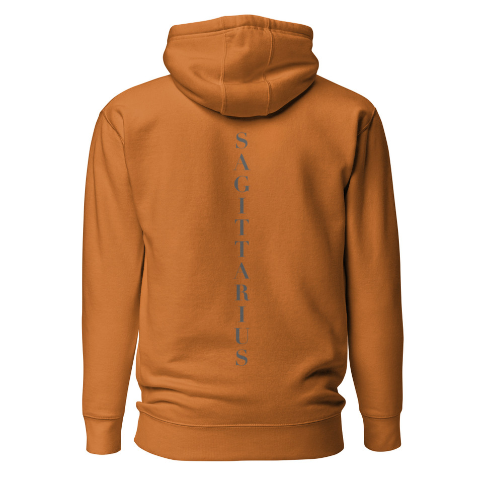 Anuri Elemental Sagittarius hoodie, back view with vertical Sagittarius lettering.