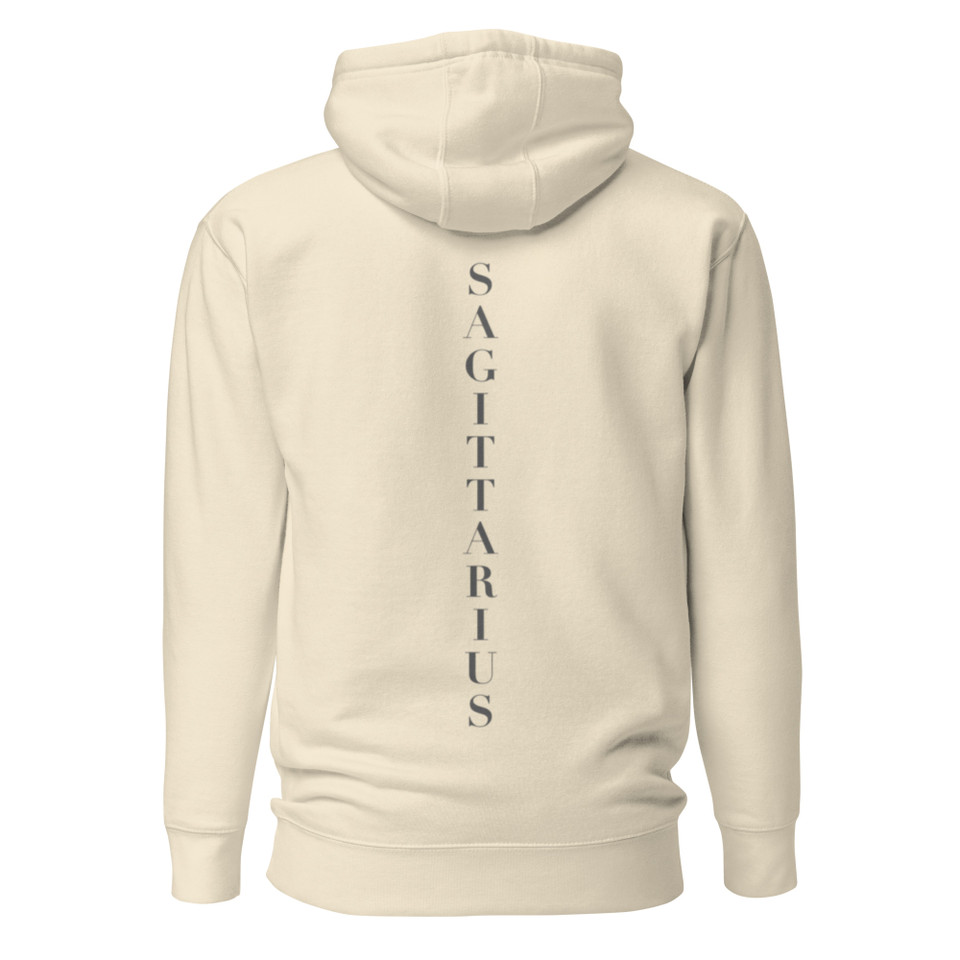 Anuri Elemental Sagittarius hoodie, back view with vertical Sagittarius lettering.