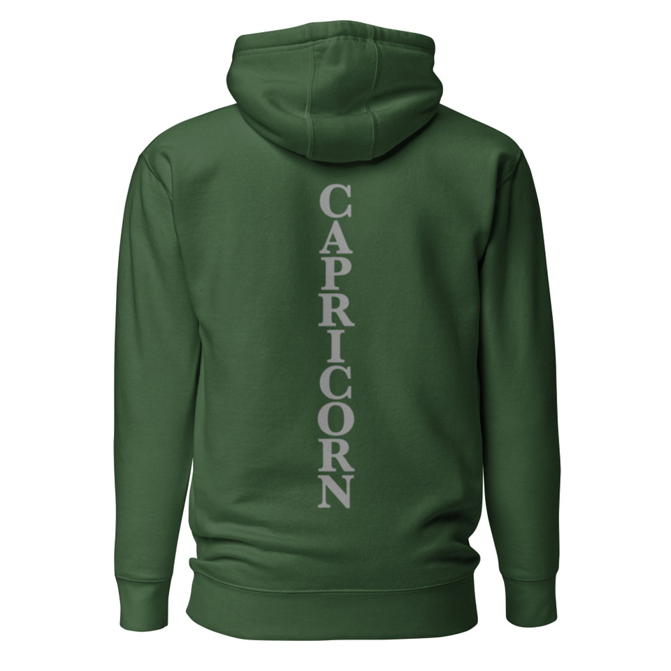 Anuri Elemental Capricorn hoodie, back view with vertical Capricorn lettering.