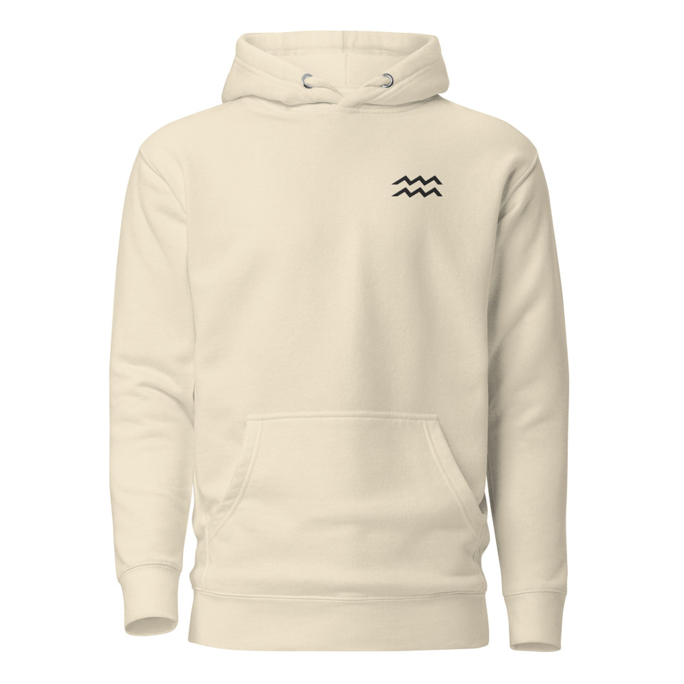 Anuri Elemental Aquarius hoodie in Carbon Grey, front view with black Aquarius chest symbol and pouch pocket.