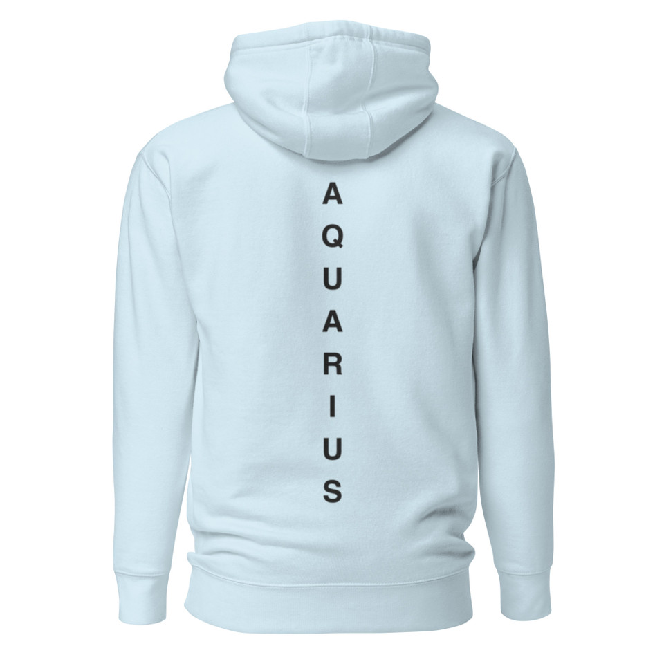 Anuri Elemental Aquarius hoodie, back view with vertical Aquarius lettering.