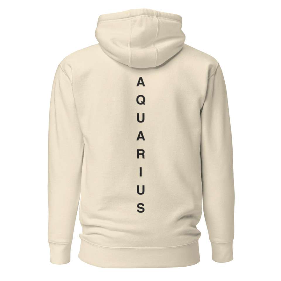 Anuri Elemental Aquarius hoodie, back view with vertical Aquarius lettering.