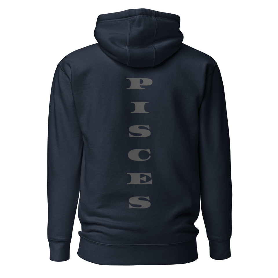 Anuri Elemental Pisces premium pullover hoodie, back view with vertical black PISCES lettering.