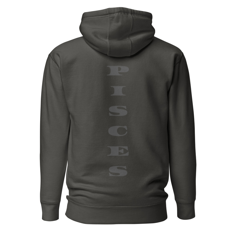 Anuri Elemental Pisces premium pullover hoodie, back view with vertical black PISCES lettering.