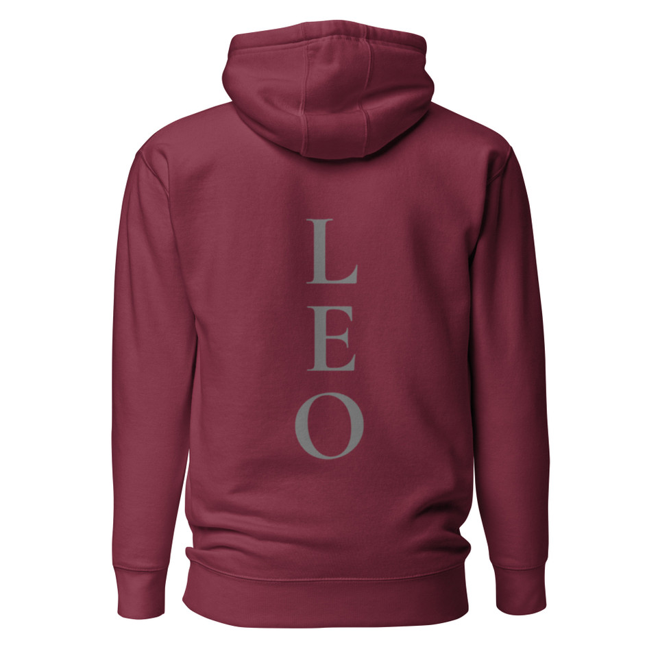 Anuri Elemental Leo Premium Pullover Hoodie in Maroon featuring a bold vertical Leo graphic on the back with premium fleece-lined construction.