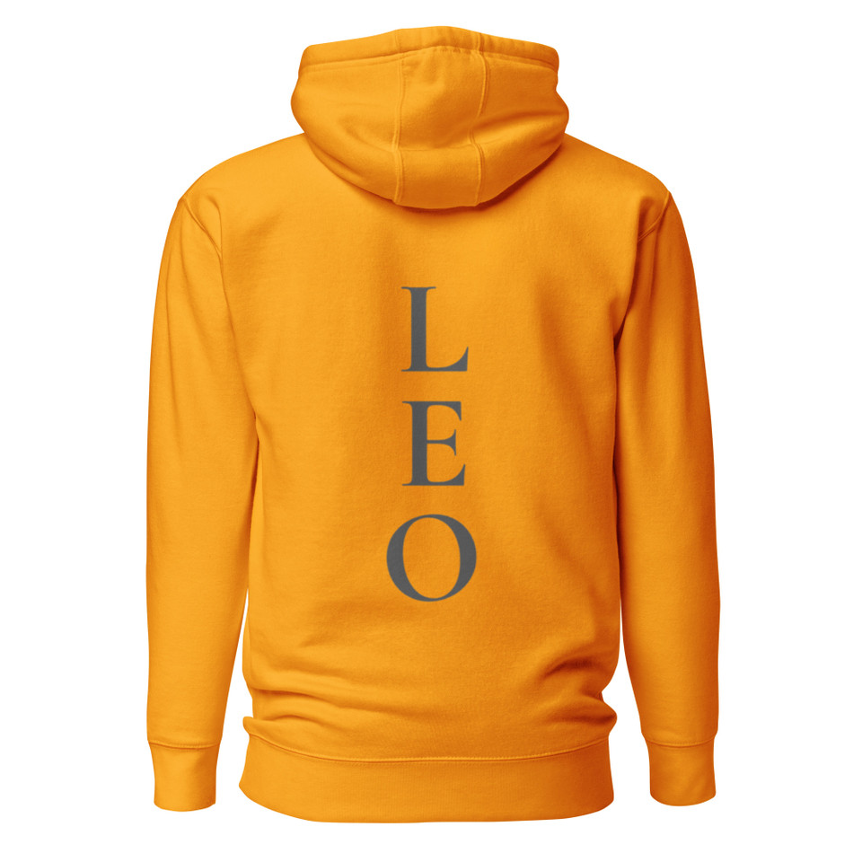 Anuri Elemental Leo Premium Pullover Hoodie in Team Gold featuring a bold vertical Leo graphic on the back with premium fleece-lined construction.