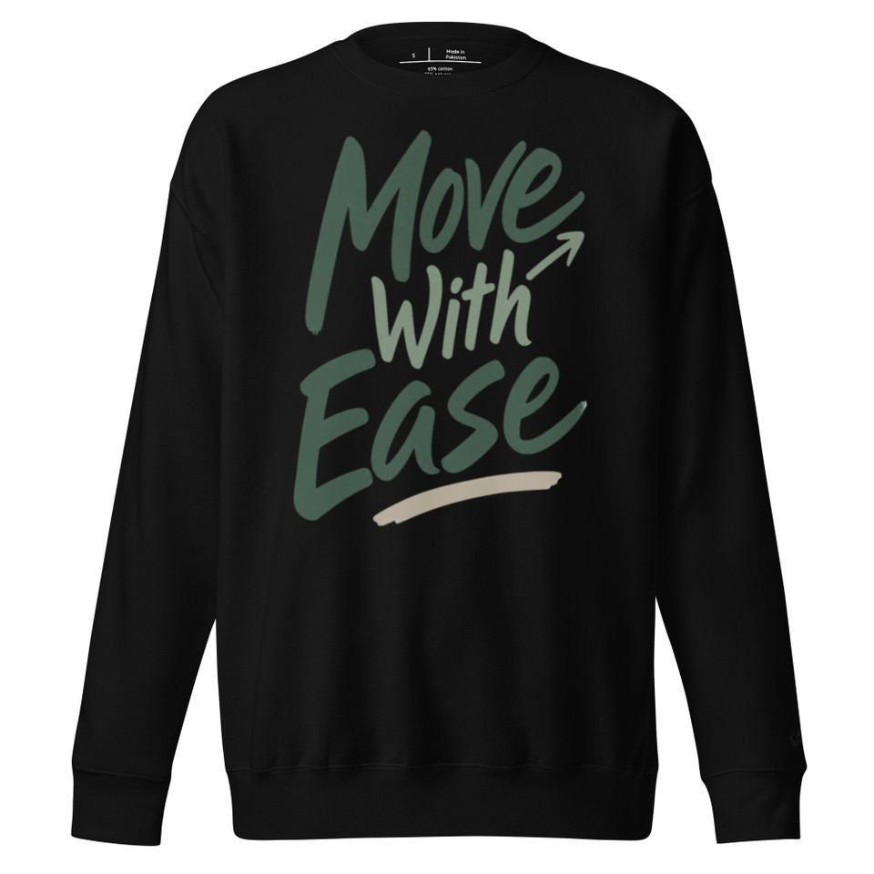 Black Anuri crewneck sweatshirt with green “Move With Ease” lettering, an upward arrow, and a beige underline.