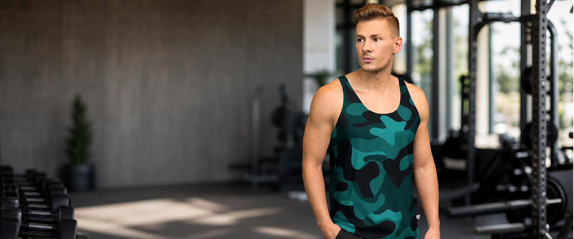 Man in teal camouflage tank top at modern gym with weights