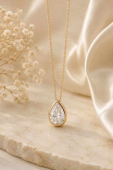 2.12ct Pear Lab Grown Diamond Solitaire Necklace 18in Chain 10K Gold Bezel Pendant, Everyday Wear