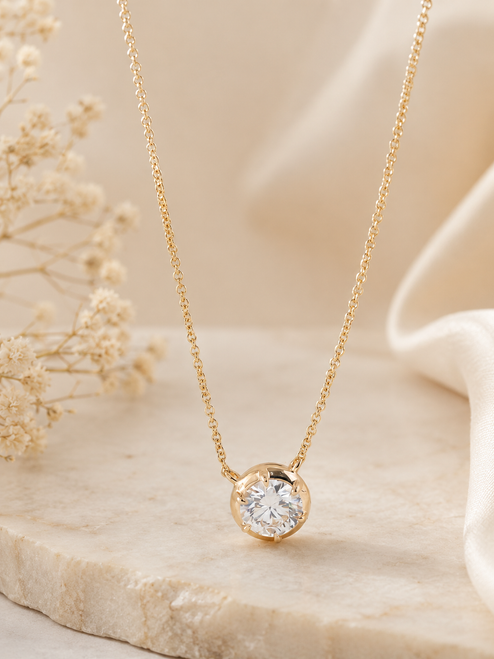 1ct Round Lab Diamond Georgian Bezel Pendant Necklace 18in Chain 10K Yellow Gold