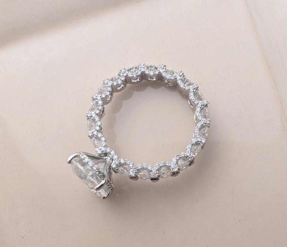 Diamond engagement ring and wedding band viewed from above