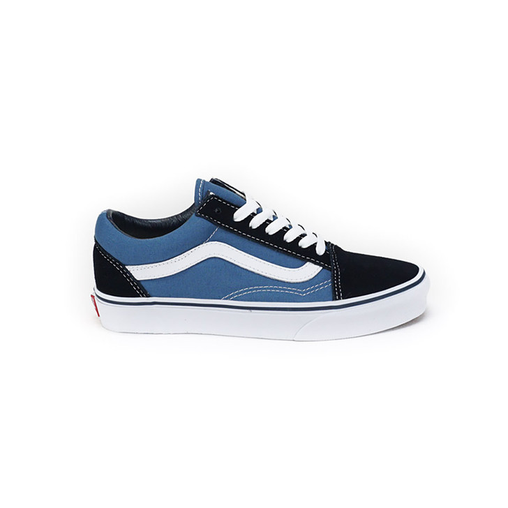 old skool white vans with blue stripe