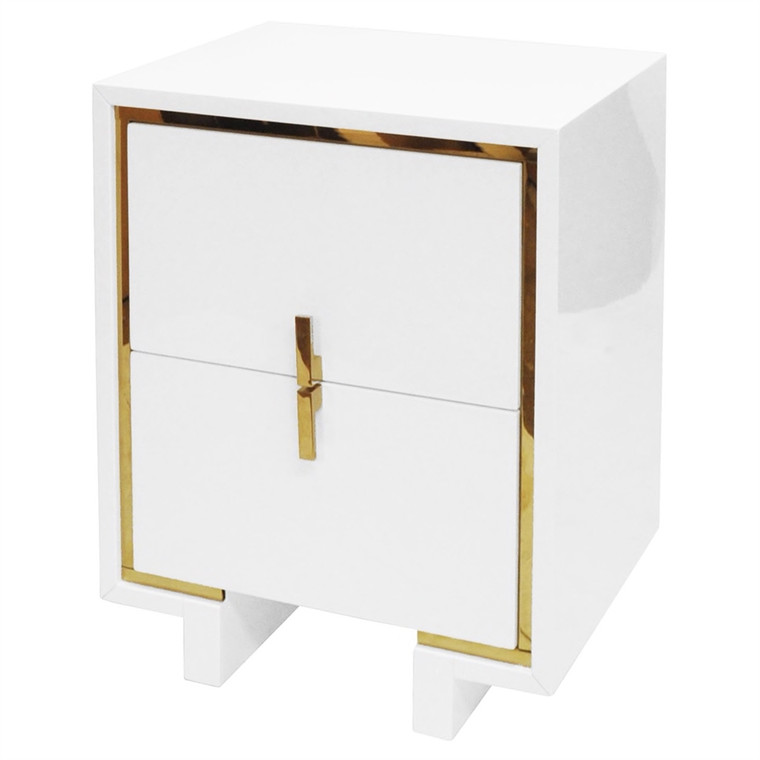 Worlds Away Bruna Two Drawer Side Table with Inset Brass in White Lacquer BRUNA WH