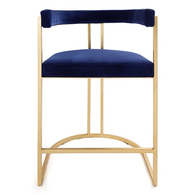 Worlds Away Cromwell Barrel Back Counter Stool Chair with Gold Leaf Base in Navy Velvet CROMWELL GNVY