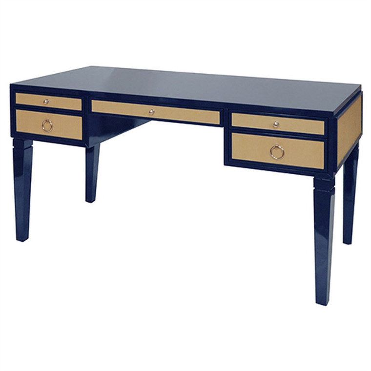Worlds Away Heidi Navy Matte Lacquer Desk with Grasscloth Drawer with Nickel Hardware HEIDI NNVY