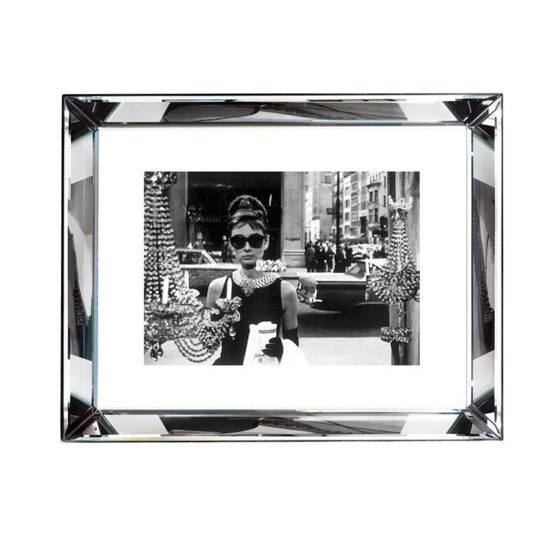 Worlds Away Shopping at Tiffanys 32 x 24 Black and White Print with Hollywood Style Beveled Mirror Frame BVL101