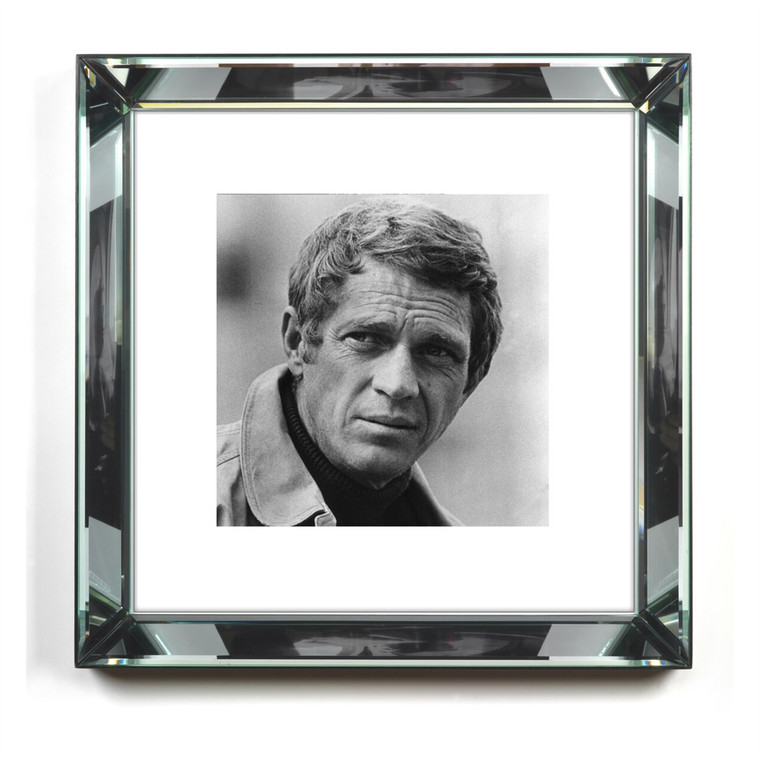 Worlds Away Steve McQueen 16 x 16 Black and White Print with Hollywood Style Beveled Mirror Frame BVS300