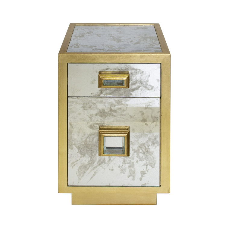 Worlds Away Cisco One Drawer and One Door Side Table in Antique Mirror and Gold Leaf CISCO G