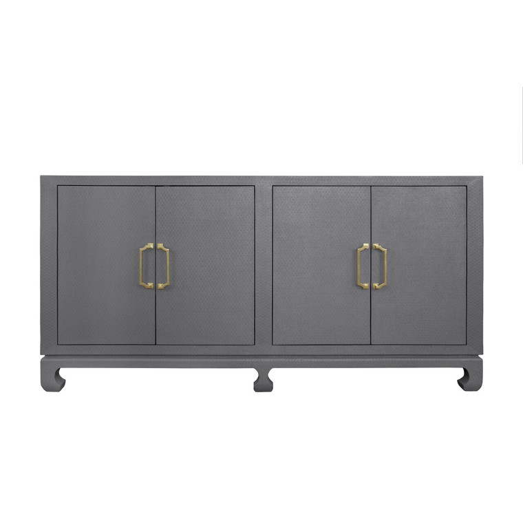 Worlds Away Drayton Four Door Buffet in Grey Lacquered Basketweave Grasscloth with Brass Hardware DRAYTON GRY