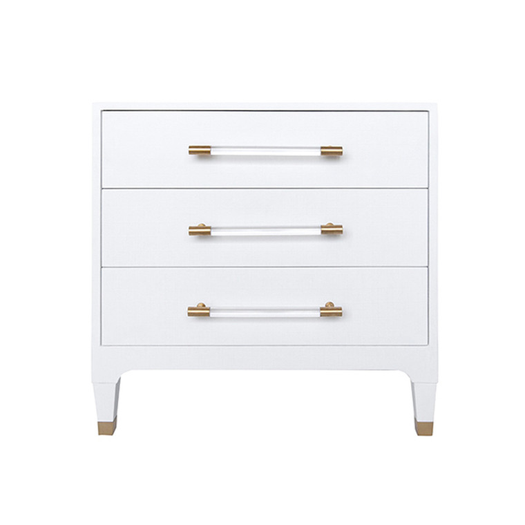 Worlds Away Amber Three Drawer Chest in Textured White Linen and Acrylic and Antique Brass Hardware AMBER WHL
