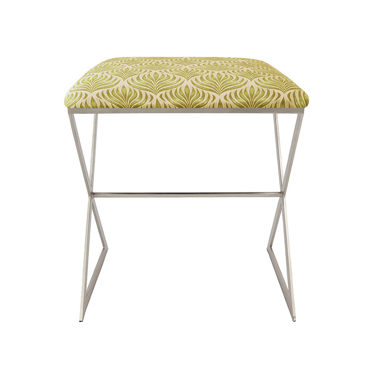 Worlds Away X Side Stool in Polished Nickel Frame and Cushion in Luxe Lemongrass Print X SIDE NLEMONGRASS