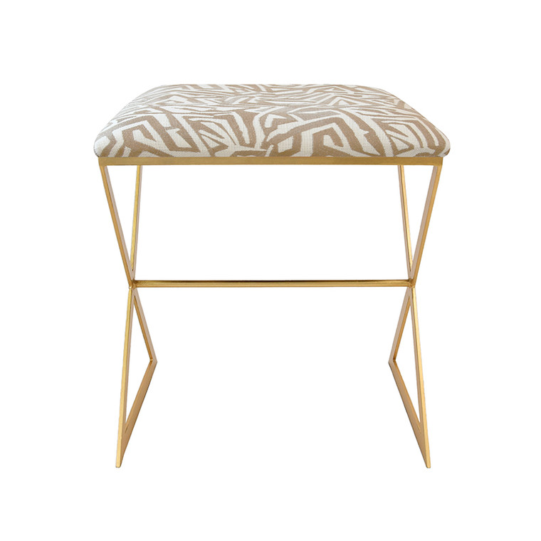 Worlds Away X Side Stool in Gold Leaf Frame and Cushion in Luxe Beige Geometric Print X SIDE GBGEO