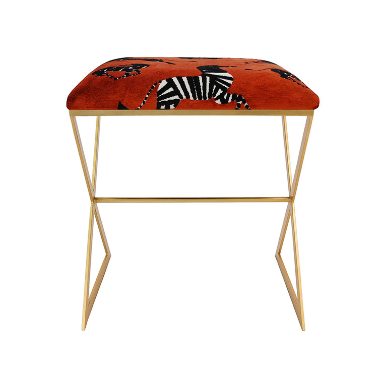 Worlds Away X Side Stool in Gold Leaf Frame and Cushion in Luxe Poppy Colored Zebra Print X SIDE GPZEB