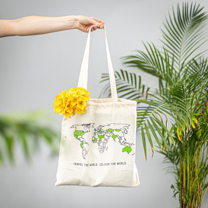 WORLDTOTE high quality 100% cotton tote bag with map and colouring textile pen. 