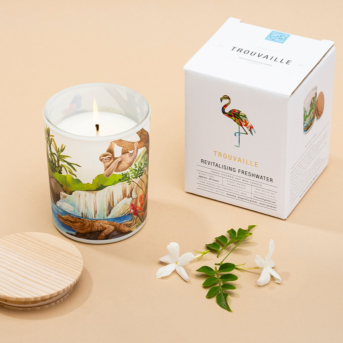 Trouvaille Global | Save The Planet Scented Soy Candle | Revitalising Freshwater w packaging lifestyle