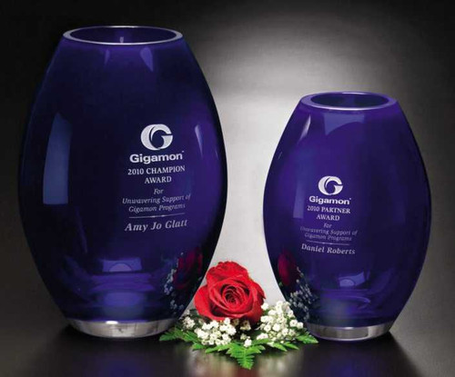 Decade Awards Corporate Crystal Award - Cobalt Barrel Vase | Engraved Crystal Vase - 8.5" or 10.5"