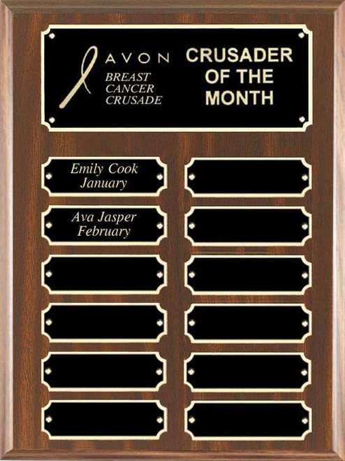 Perpetual Plaque | Walnut Finish Plaque with 12 Scalloped Edge Engraving Plates Decade Awards