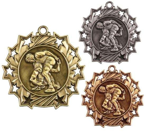 Wrestling Ten Star Medal - Gold, Silver or Bronze | Engraved Wrestler 10 Star Medallion | 2.25 Inch Wide Decade Awards