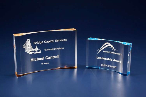 Crescent Acrylic Award - Blue or Gold | Engraved Acrylic Award - 3.5" x 5" OR 4.5" x 7" Decade Awards