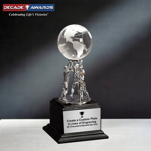 Clear crystal globe teamwork trophy on a black base with free custom engraving, Decade Awards