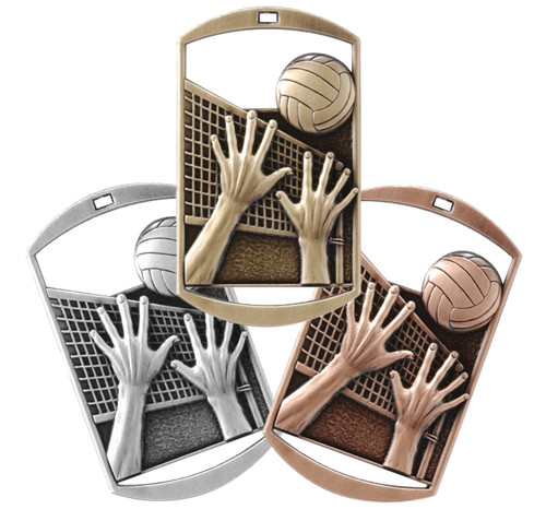 Volleyball Dog Tag Medal with Ribbon – Gold Silver or Bronze, free custom engraving for players and coaches by Decade Awards