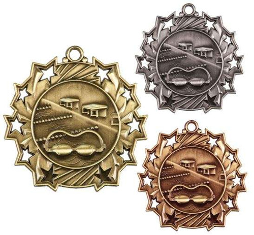 Swimming Ten Star Medal - Gold, Silver or Bronze | Engraved Swim Meet 10 Star Medallion | 2.25 Inch Wide Decade Awards