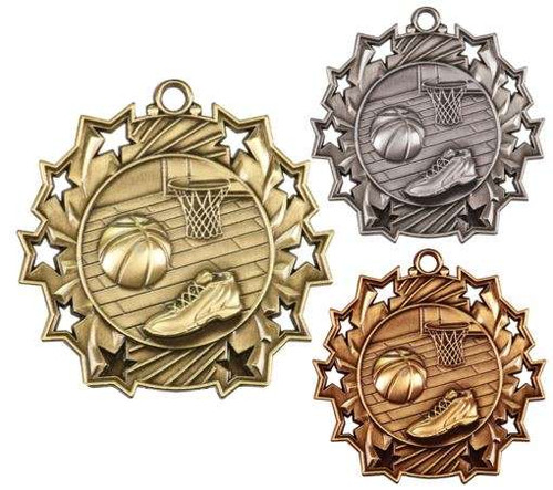 Basketball Ten Star Medal - Gold, Silver or Bronze | Engraved Hoops 10 Star Medallion | 2.25 Inch Wide Decade Awards