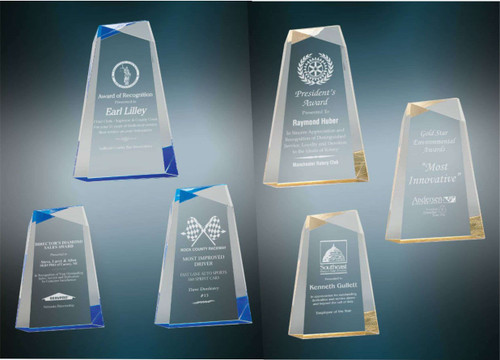 Acrylic Award - Blue or Gold | Engraved Acrylic Facet Wedge Award - 7", 8" or 9" Tall Decade Awards