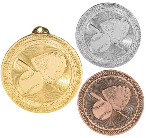 Baseball BriteLazer Medal - Gold, Silver & Bronze | Engraved Baseball Medal - 2 Inch Wide - CLEARANCE Decade Awards
