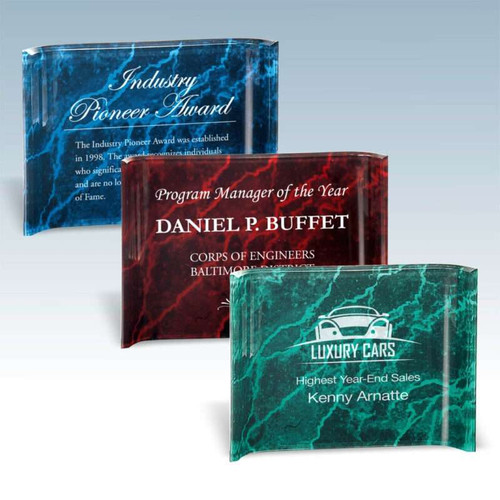 Marbleized Crescent Acrylic Award - Red, Blue or Green | Engraved Acrylic Award -4x6, 5x7 or 6x8 Inches Decade Awards