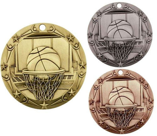 Basketball World Class Medal - Gold, Silver or Bronze | Engraved Hoops Medallion - 3 Inch Wide Decade Awards