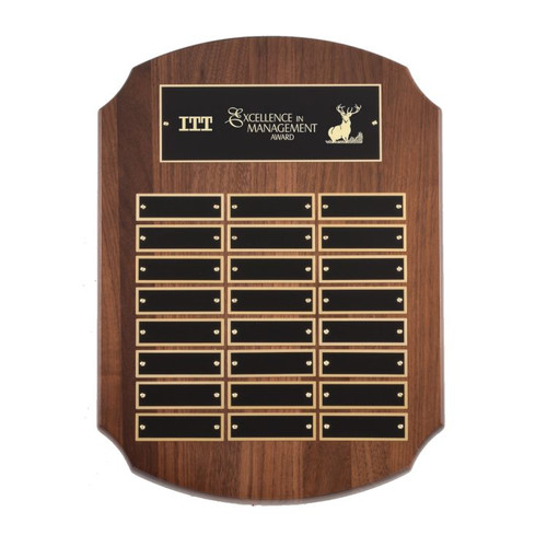 Perpetual Plaque - 11" x 15" | Genuine Walnut Shield Plaque with 24 plates Decade Awards
