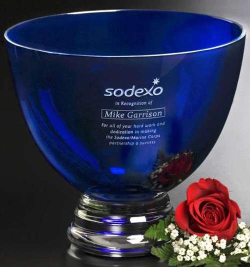 Crystal Pedestal Bowl Corporate Award -Cobalt | Engraved Crystal Bowl - 8.5" Dia. Decade Awards