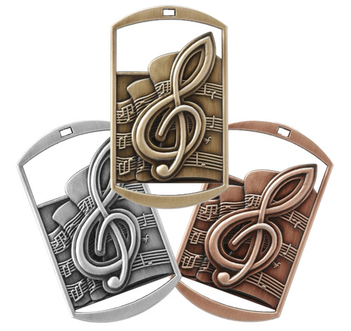 Gold silver or bronze music dog tag medal with ribbon and free custom engraving  by Decade Awards