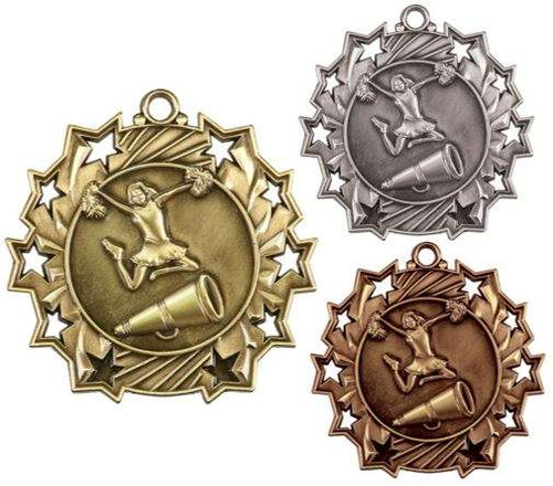 Cheerleading Ten Star Medal - Gold, Silver or Bronze | Engraved Spirit 10 Star Medallion | 2.25 Inch Wide Decade Awards