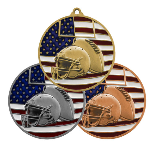 Football Patriotic Medal - Gold, Silver or Bronze | Engraved Football Medal - 2.75 Inch Wide Decade Awards