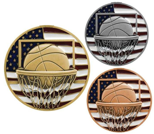 Basketball Patriotic Medal - Gold, Silver or Bronze | Engraved Red, White & Blue Hoops Medallion - 2.75 Inch Decade Awards