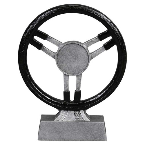 Steering Wheel Trophy / Automotive Award - Black & Silver Finish - 8.75 Inch Tall Decade Awards