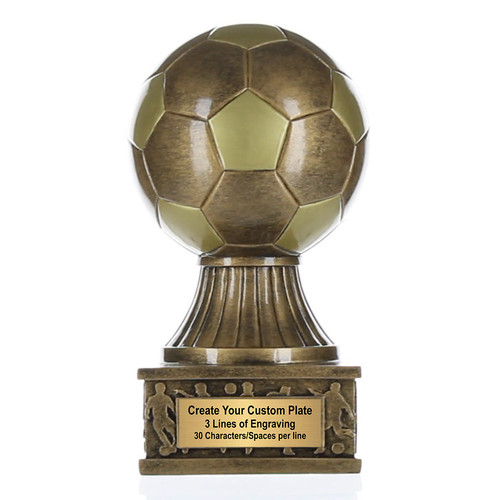 Soccer Ball Action Pedestal Trophy | Engraved Gold Fútbol Award - 7.5 Inch Tall Decade Awards