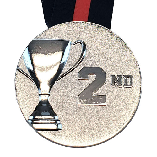 Place Cup Medal - Silver or Bronze | Engraved 3D Place Medallion with V Neck Ribbon - 3 Inch Wide Decade Awards